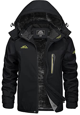 KEFITEVD Men's Winter Waterproof Ski Jacket Warm Hiking Coat Fleece Softshell Snowboarding Jackets with Detachable Hood,Black,L