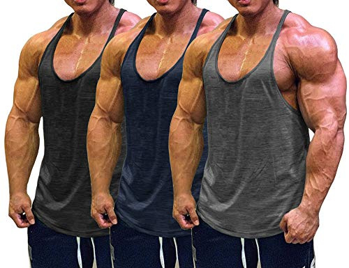 Muskel cmdr kroppsbyggande stringerlinne för män, Y-rygg, gym, fitness, träning, löpning, t-shirts, atletisk snabbtorkande topp, 3-pack: svart/grå/marinblå, L