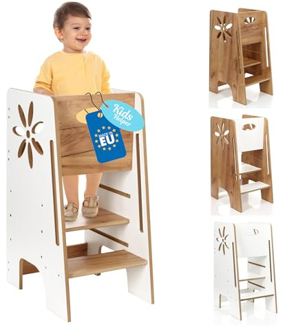 Kitchen Kids Helper Lernturm ab 1 Jahr - Höhenverstellbarer Lernturm Montessori Weiß und Eich 80cm - Sicherer Learning Tower für Kinder - Ideal für Küche & Bad - Stabile Konstruktion -Leichter Aufbau