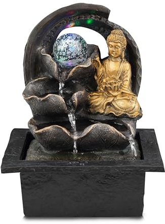 GEEZY Indoor Water Fountain - Crystal Ball Buddha Design Water Feature with LED Lights - Mains Powered & Self-Contained, Table Top, Relaxing & Tranquil - Perfect for Home, Living Room, Office Decor