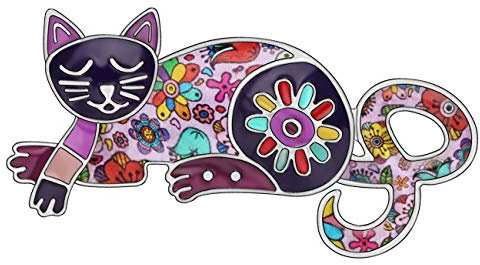 DUOWEI Broche en alliage émaillé en forme de chat endormi avec motif floral pour écharpe, vêtements, bijoux cadeau pour femmes et filles (violet)