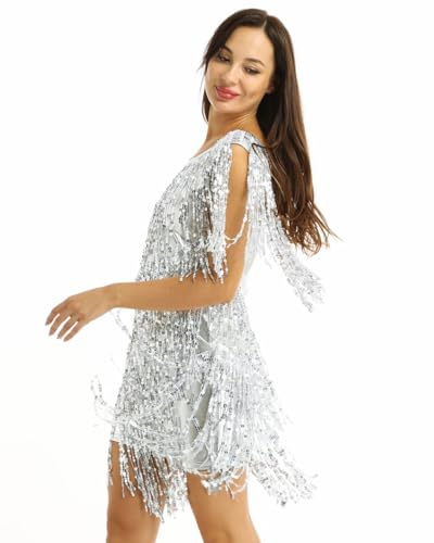 Nimiya Women Sequined Tassels Ballroom Samba Tango Latin Dance Dress Performance Costume Sparkling Party Dress Silver XXL