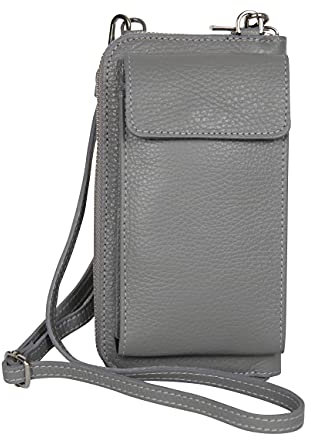 AMBRA Moda GLX21 - multifunktionale Damen Handytasche, Umhängetasche, Geldbörse aus echtem Leder, geeignet für Handys bis 6,5 Zoll (Grau)