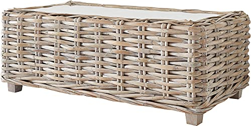 DELIFE Outdoortisch Nizza Rattan White Washed 133x73 cm Glasplatte Loungetisch