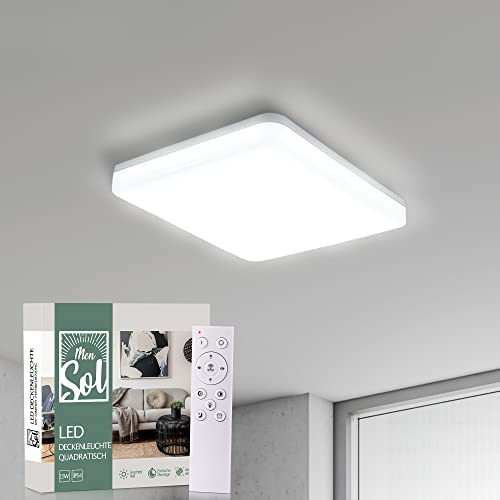 MenSol - LED Deckenleuchte dimmbar mit Fernbedienung quadratisch 22x22cm (Panel) - Deckenlampe warmweiss für Flur, Küche & Schlafzimmer - Badezimmer-Lampe Deckenbeleuchtung flach - Bad-Lampe Decke 15W