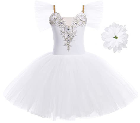 Ballettkleidung Mädchen Kinder Tüll Fliegende Ärmel Blumenstickerei Strass Ballettkleid Tanzbody Turnanzug Tutu Tanzkleid Gymnastikanzug Ballettanzug Balletttrikot Ballerina Kleider Weiß 9-10 Jahre