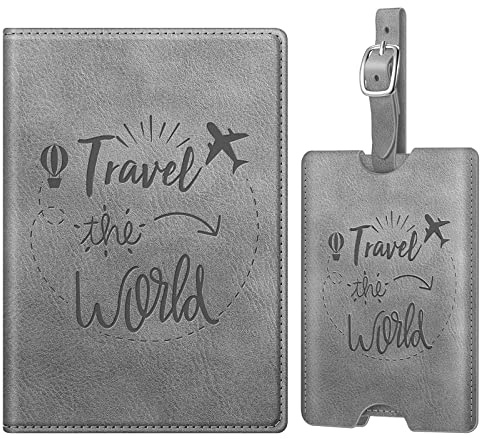 FINTIE Reisepasshülle und Gepäckanhänger Set, Reisepass Impfpass Hülle mit RFID Blockier, Kofferanhänger mit Adressschild Namenschild für Reisetasche Koffer, Vintage Grau