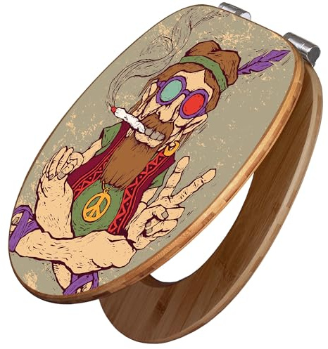 banjado Design WC Sitz Bambus Absenkautomatik 45,8x37,5cm - Toilettendeckel mit Absenkautomatik Holz - hochwertiger Bambus Klodeckel - WC-Sitz für gängigen Toiletten - Motiv Peace