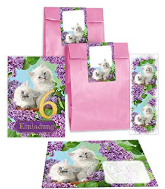 Junapack 12 Einladungskarten zum 6. Kindergeburtstag sechste Geburtstag Mädchen Katze incl. 12 Umschläge, 12 Tüten/rosa, 12 Aufkleber, 12 Lesezeichen