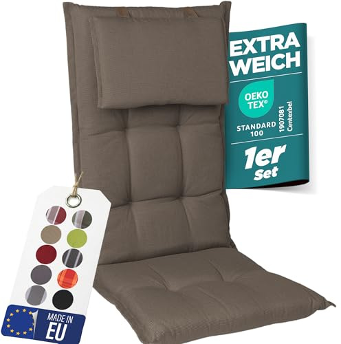 gardisun Gartenstuhlauflagen Hochlehner mit Kopfteil I Extra Dicke Sitzauflagen I Made in EU I Polsterauflagen für Hochlehner I Auflagen mit extra hoher Lichtechtheit I 1er Set I Taupe