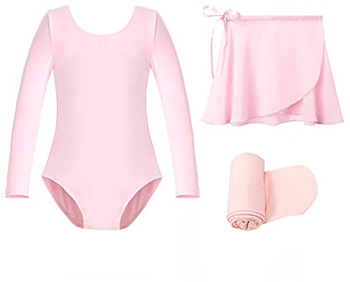 Stelle Long Sleeve Ballet Leotards for Girls Toddler Dance Dress Ballet Outfit Combo with Skirt and Tights(Ballet Pink-Long Sleeve, 100)