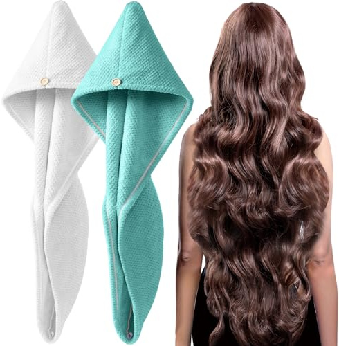 YFONG Paquete de 2 toallas de microfibra gruesa para el cabello, turbante súper absorbente y de secado rápido con botón para cabello rizado, largo y grueso (blanco + verde), XL: 86 x 25 cm