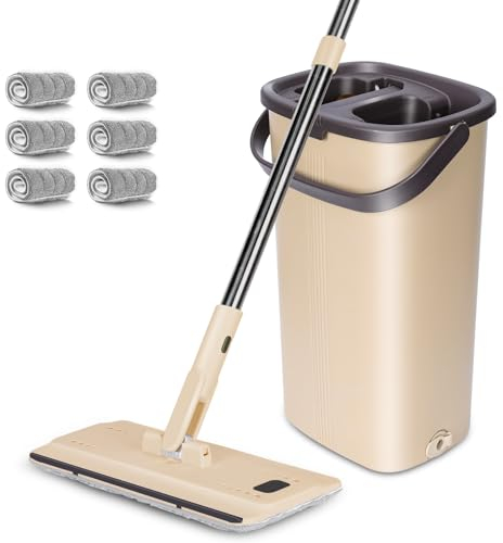 MASTERTOP Balai Serpillière et Seau Essoreur, Balai Microfibre Rotatif 360° et Seau à 2 Compartiments, Serpillière de Mains Libre pour Nettoyage de Sol, avec 6 Tampons Réutilisables (Beige)