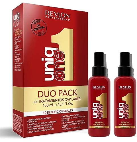 REVLON PROFESSIONAL UniqOne All in One Duo Pack, Protector Térmico Pelo, Hidratación Profunda Cabello, Tratamiento en Spray sin Aclarado, Desenredante Pelo Mujer - Fragancia Classic 2x150ml