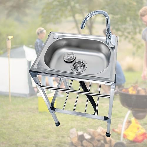 Lavandino Portatile, Lavello Cucina in Acciaio Inox con Rubinetto Acqua Calda E Fredda, Lavandino da esterno, Lavabo Lavanderia Per Campeggio, Ristorante, Giardino, Garage, Lavatoio Per Panni ( Size :