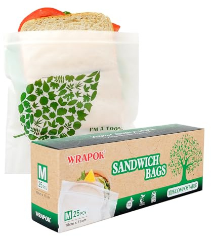 WRAPOK 100 % biologisch abbaubare, wiederverwendbare Sandwichbeutel, kompostierbar, klein, Gefrierbeutel für Schule oder Arbeit, 25 Stück