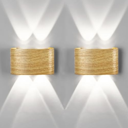EOEO 2 Stück LED Wandlampe Innen Aussen Holzoptik Wandleuchte Up and Down Spotlicht IP54 Wasserdicht Außen Wandbeleuchtung für Wohnzimmer Schlafzimmer Flur Treppe Garten,4 flammig 6000k