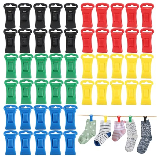 FENGQQKJ Sockenklammer, 100 Stück, 5 Farben (Rot, Blau, Schwarz, Grün, Gelb), Kunststoff, Plastik, für Socken, Handtücher, Unterwäsche & mehr