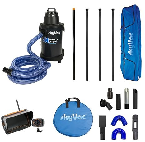 SkyVac Mighty Atom Gutter Cleaning System, Mighty Atom Package with Elevate 44mm Clamped Poles 4 Pole with Recordable SurveyCam Inspection Camera, Black