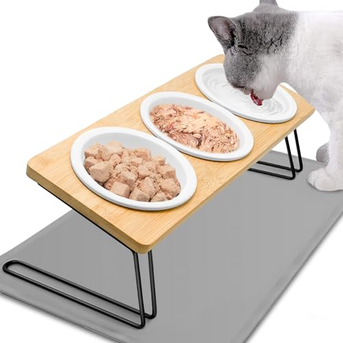 Otauoaea Katzennapf Erhöht - 3er Set Futternapf Katze aus Keramik - 15° gekippte Futterstation Katzen Napfset Hundenapf mit Napfunterlage Silikon - Fressnapf und Wassernapf für Katzen und Kleine Hunde