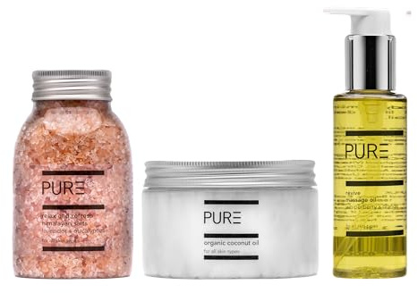 PURE Bare Essentials Skincare Kit (Revive) - 3 in 1 PURE Gift Sets - Aromatic, Hydrating, Vegan Massage Oil, Coconut Oil and Himalayan Bath Salts