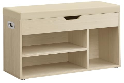 VASAGLE Schuhbank mit Sitzfläche, Sitzbank mit Stauraum, gepolstert, Fach unter Sitzkissen, Schuhregal Wohnzimmer, Flur, bis 136 kg belastbar, 30 x 80 x 44 cm, naturbeige-cappuccinobeige LHS030K02