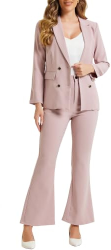 Allegra K Business Work Suit Set for Women's 2 Piece Notched Lapel Blazer and Long Pants Pink XL