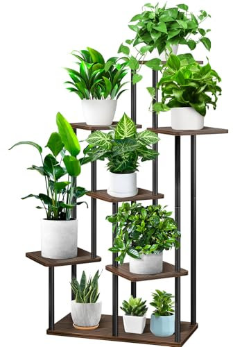 Support de Plante en Métal Bois, YOCOMEY Multiple Étagère à Fleurs Support de Pots Fleurs Porte Plantes Interieur, Décoratif Présentoir Étagère de Pots Fleurs pour Salon Balcon (7 Niveaux, Noir Chêne)