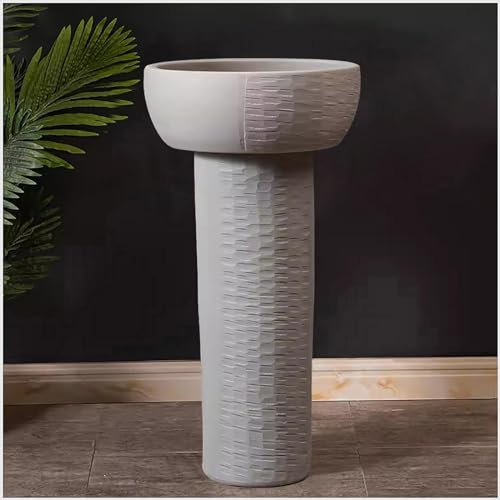 ZTGL Lavabo de Pedestal, Lavabo sobre Encimera 41x41x82 cm con Desagüe y Hueco de Grifo Lavabo Baño de Cerámica, Lavabo de Pie Redondo Pila Lavadero Lavamanos Baño,Cement Gray,2 Piece Set