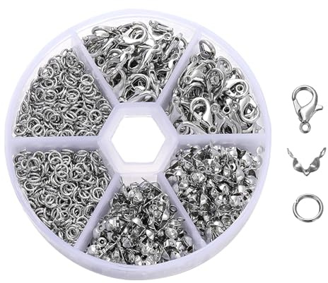Set di 370 chiusure per braccialetti, chiusura a catena, portachiavi, chiusura a moschettone, anelli di piegatura e crimpende, per collane, bracciali fai da te (argento)
