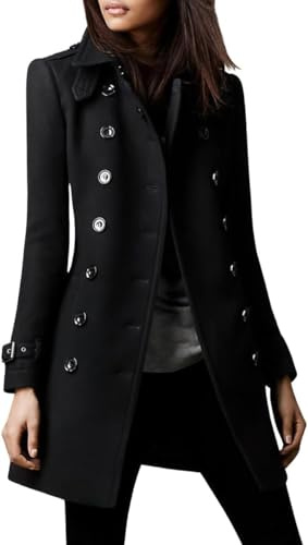 Cappotto Doppiopetto Invernale da Donna in Lana Cappotto da Ufficio alla Moda Slim Business Cappotto con Risvolto Elegante Classico retrò Casual di Tendenza (Nero,L)
