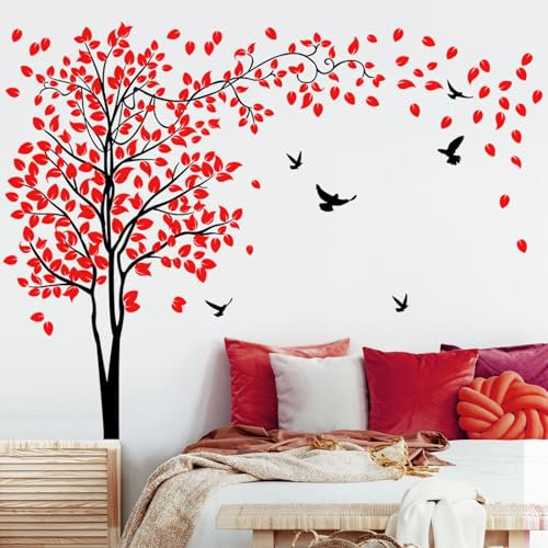 Decvictor Wandtattoo Großer Baum Wandsticker Roter Baum Vögel Wandaufkleber Wohnzimmer Schlafzimmer Gang Büro Sofa Hintergrund Wanddeko (W205 * H153cm)