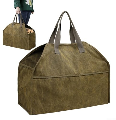 Besttoolifes Large Firewood Carrier Bag, Waxed Canvas Log Carrier With Handles, Wood Carrying Bag For Fireplace & Wood Stove