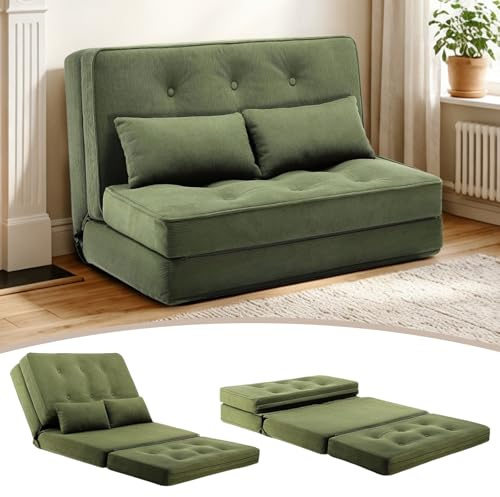 COMHOMA Bodensofa Klappbares, 3 in 1 Schlafsofa mit 6-Stufig Verstellbare Rückenlehne, Sofabett mit 2 Lendenkissen, Geeignet für Wohnzimmer, Schlafzimmer&Camping, Grün