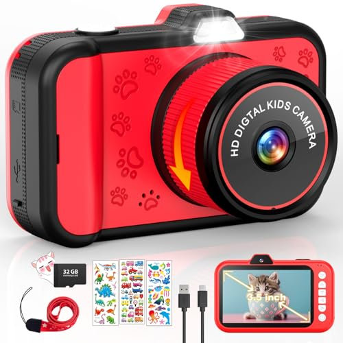 CHAKEYAKE Kids Camera, 3.5 Big Screen Digital Camera with 360°Rotating Zoom Lens | Selfies | LED Flash | 1080P Video Camera for Kids with 32G Card | Toy Gifts for Kids 3 4 5 6 7 8 9 10 11 12