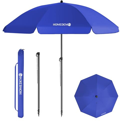 HOMEDEMO Sonnenschirm Strandschirm, Ø 160 cm Gartenschirm Marktschirm, Terrassenschirm mit Bodenhülse & Drehstange & Schutzhülle, Blau rund Sonnenschutzschirm UV50+ Schutz