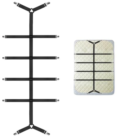 SUNRIZ Bettlakenspanner Verstellbare, Elastische Matratzenhalter mit 12 Metallklammern, Anti-Falten Spannbettlaken Halter, Spanngurte für Spannbettlaken und Topper (Schwarz)