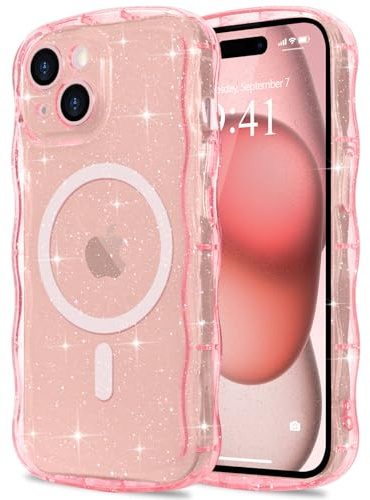 Pepmune Cover Glitter per iPhone 15 Plus Compatibile con Magsafe, Rosa | Cornice Ondulata Forma Custodia. Brillare Glitter Cover per Donne e Ragazze. Protettiva Sottile Antiurto Case.
