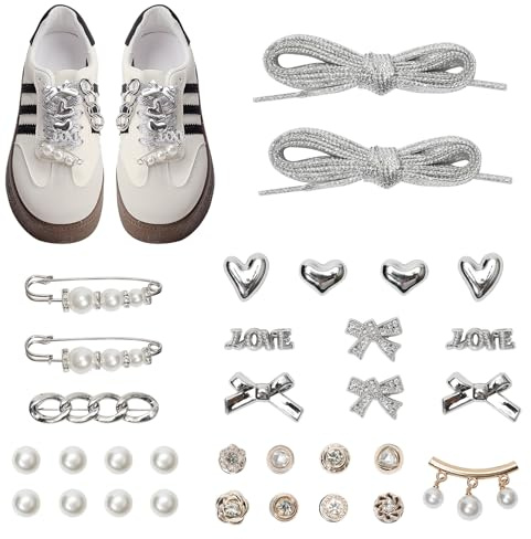 Bellaqueo 32Pcs Bling Silver Shoe Charms for Sneakers, Shoe Lace Clips, DIY Junk Sock Charms Kits for Women