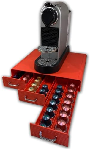 Osila® | Tiroir de rangement pour dosettes de café avec 3 tiroirs - Organisateur de cuisine pour 48 capsules de dosettes Nespresso, organisateur pour dosettes de café (Rouge)