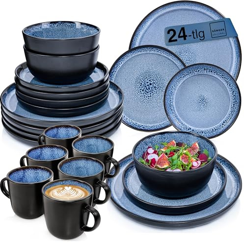 SÄNGER Aruba Kombiservice 6 Personen, Teller Set & Kaffeebecher 24 tlg - | spülmaschinenfest mikrowellenfest Steingut Geschirrset mit Kaffeetassen 430 ml blau mit schwarzem Rand