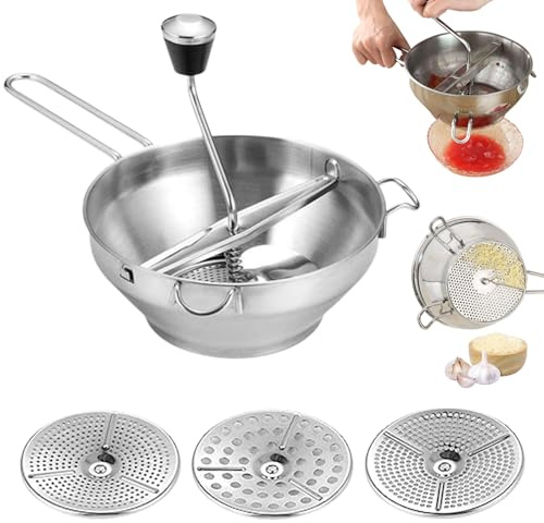 fkngcp Food Mill with 3 Grinding Discs 4Pcs/Set 19cm/7.48inch Stainless Steel Rotary Manual Washable Kitchen Restaurant Mills for Tomato Sauce Mashed Potato Jam Food Mill for Canning