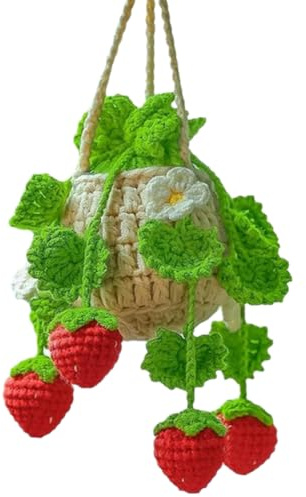 Rersduyt Car Plant Crochet Hanging Basket, Strawberry Plant Pendant, Car Rearview Mirror Ornament Pendant Fluorescent Green