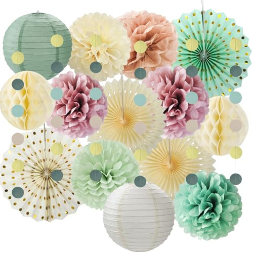 15 Stück Party Deko Salbeigrün Gold Rosa Beige Pompons Deko Seidenpapier Papierfächer Papierlaterne Girlande Pompoms für Brautparty Babyparty Geburtstagsdeko Grün Rosa Rustikale Hochzeit