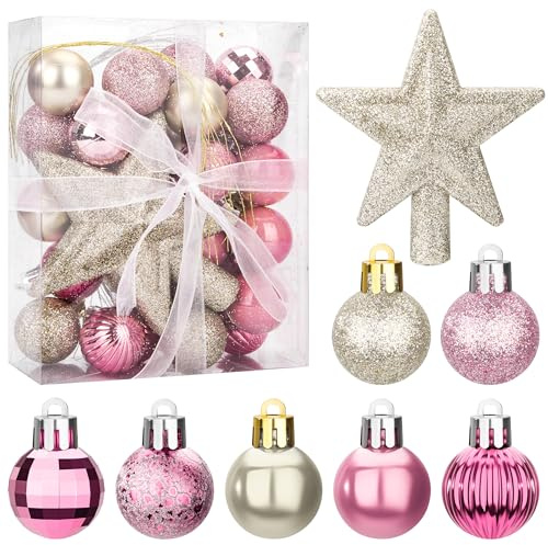 Bolas de Navidad, 30 Piezas Mini Adornos Navideños, Decoracion de Bolas Árbole de Navidad Plástico, Colgante Regalos Navidad Decoración Casa para Fiesta y Festival, Blanco Oro Rosa