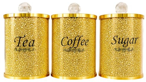BMLIMITED BML Diamond Crushed Tea Coffee Sugar Canisters Jars Kitchen Sparkle Kitchenware Storage Gold Trimmings Crystal Modern Containers Filled Black Writing (Gold Tea Set)