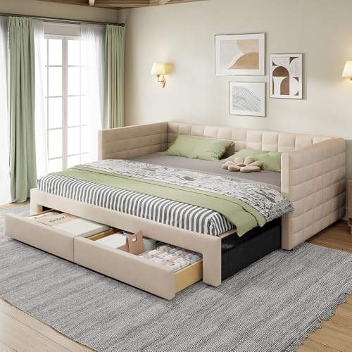 Zravenna 3-in-1 Schlafsofa Polsterbett 90 x 190 cm mit Ausziehbett und 2 Schubladen, Multifunktionsbett Daybed mit Lattenrost, umbaubar in Einzelbett/Doppelbett, Baumwolle und Leinen (Beige)