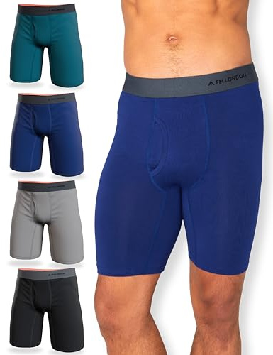 FM London Boxer en Bambou pour Homme, Boxer Long pour Homme en Bambou Ultra Doux, Antifrottements et Évacuant la Transpiration, avec Ouverture, Lot de 4