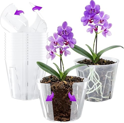 Bonviee 12 Packs Side-Open Orchid Pots for Easy Repotting 13cm, Clear Plastic Breathable Slotted Flower Plant Nursery Planters with Drainage Holes for Optimal Root Health Indoor
