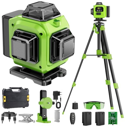 Niveau Laser Chantier Autonivelant 360° x 4, Lazer Niveaux 4D 16 Lignes Laser, Autonivellement et Mode Pulsé Extérieur, 2 x Batterie, Nivellement Automatique, Support Rotatif, Télécommande, Trépied